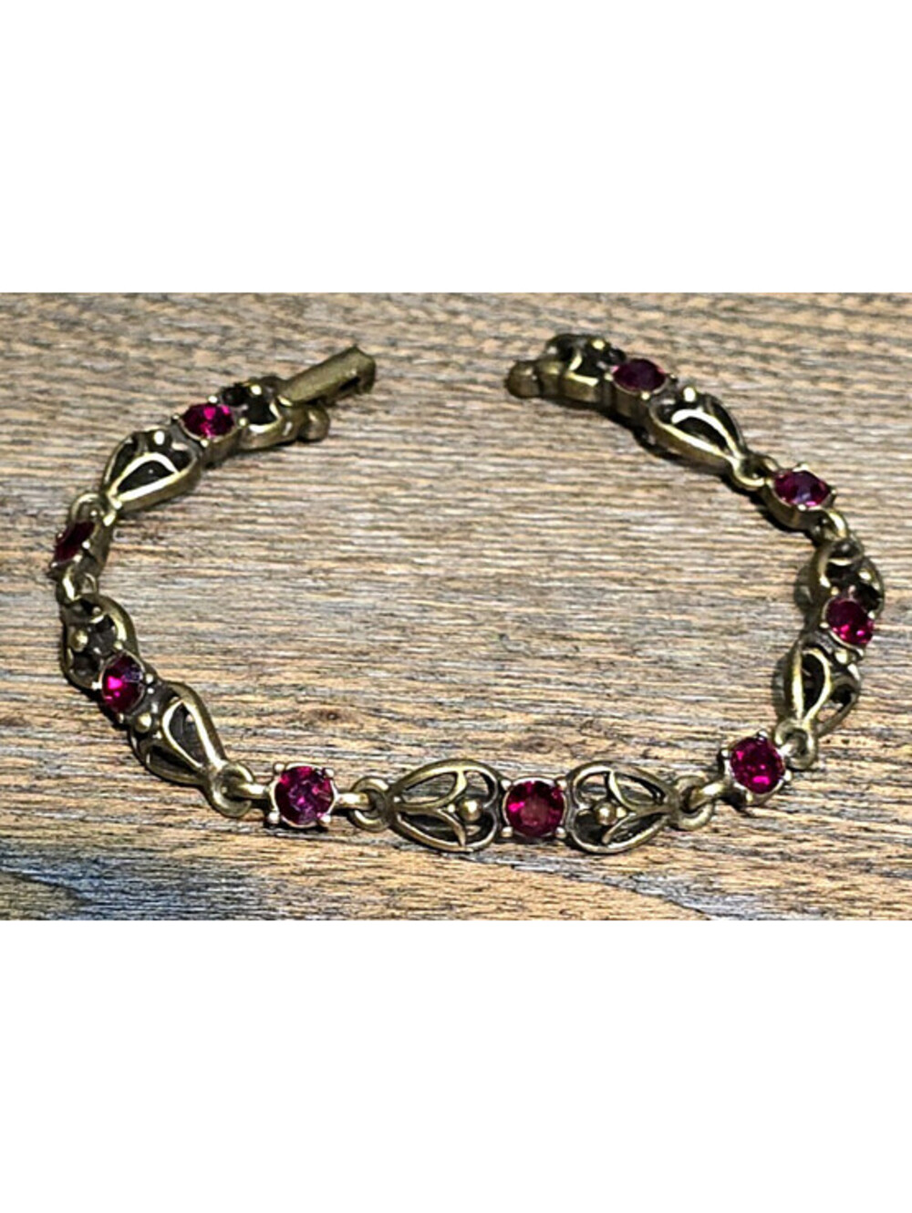 Tennis Bracelet Red Rhinestone Nouveau Victorian Style Bronze Tone